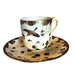 Antique Japanese Porcelain Tea Cup & Saucer With Bird & Chrysanthemum Design Gol